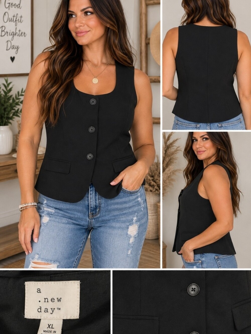 Black Tailored Button Front Vest Size XL NWT #357